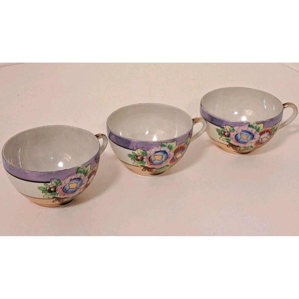 Vintage Japanese Iridescent Lusterware Mid-Century Art Deco Tea Cups Set Of 3